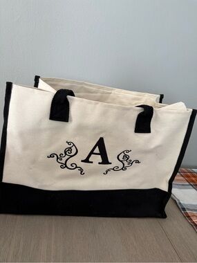 Monogrammed Canvas Tote Bag in Cream and Black - A Initial